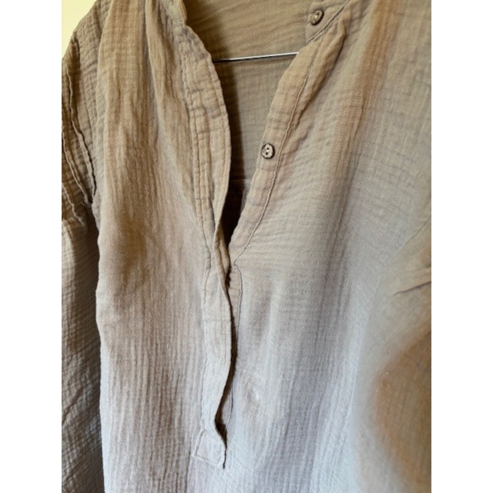 Three Bird Nest Gauze Cotton Tunic Top Taupe Brown Pintuck Oversized Henley L - Picture 5 of 8